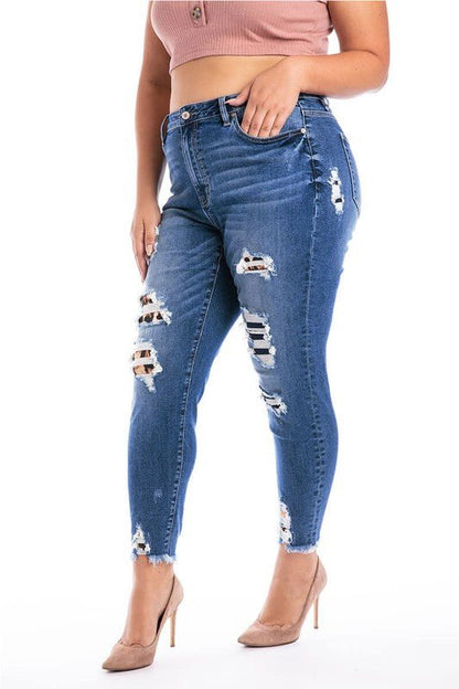 Kan Can Patched Ankle Skinny Jeans- Anicoletta's Boutique | Fashion Forward Luxury Women's Clothing