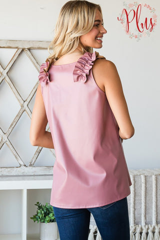 Sleeveless V Neck Faux Leather Top with Ruffled Detail- Anicoletta's Boutique | Fashion Forward Luxury Women's Clothing