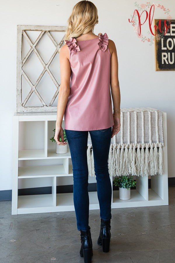 Sleeveless V Neck Faux Leather Top with Ruffled Detail- Anicoletta's Boutique | Fashion Forward Luxury Women's Clothing