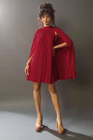 Red Pleated Mock Neck Cape Dress- Anicoletta's Boutique | Fashion Forward Luxury Women's Clothing