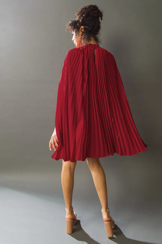 Red Pleated Mock Neck Cape Dress- Anicoletta's Boutique | Fashion Forward Luxury Women's Clothing