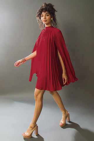 Red Pleated Mock Neck Cape Dress- Anicoletta's Boutique | Fashion Forward Luxury Women's Clothing