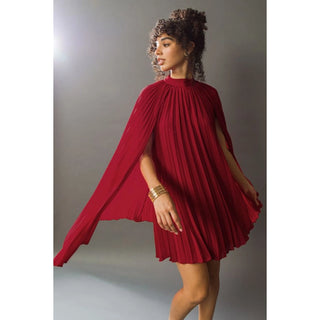 Red Pleated Mock Neck Cape Dress- Anicoletta's Boutique | Fashion Forward Luxury Women's Clothing