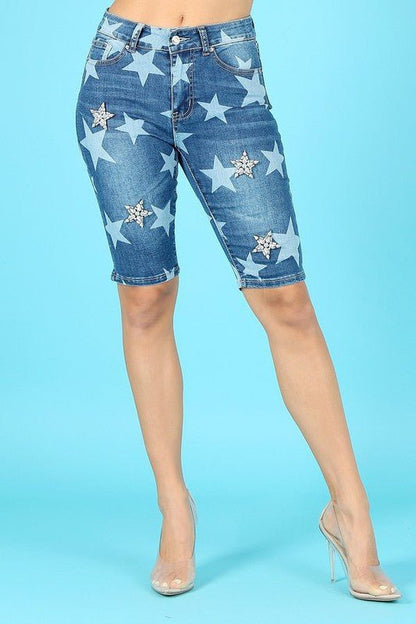 The Star Print Knee-Length Denim Shorts- Anicoletta's Boutique | Fashion Forward Luxury Women's Clothing