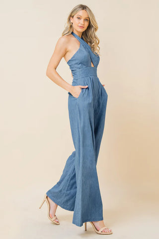 Sweet Strides Chambray Jumpsuit- Anicoletta's Boutique | Fashion Forward Luxury Women's Clothing