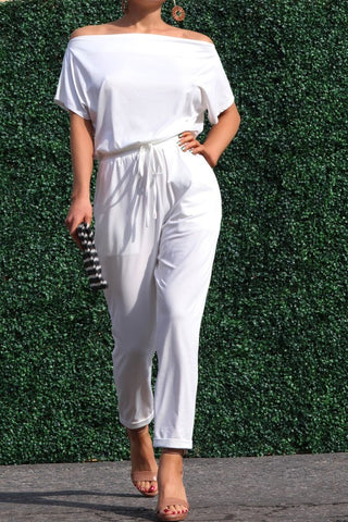 The Johanie Off Shoulder Jumpsuit- Anicoletta's Boutique | Fashion Forward Luxury Women's Clothing