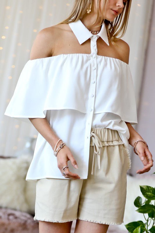 The Catalina's Off Shoulder Neck Collar Button Down Blouse- Anicoletta's Boutique | Fashion Forward Luxury Women's Clothing