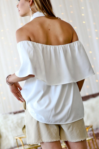 The Catalina's Off Shoulder Neck Collar Button Down Blouse- Anicoletta's Boutique | Fashion Forward Luxury Women's Clothing